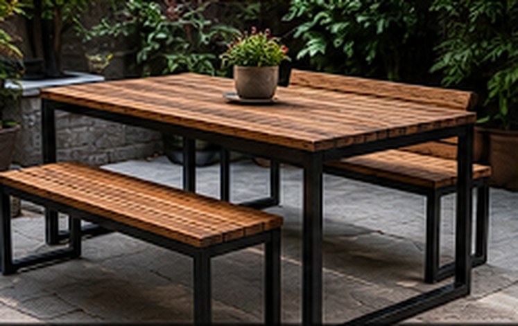 Custom outdoor dining set in steel and wood